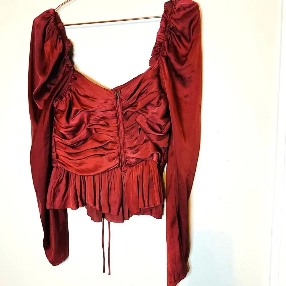ULLA JOHNSON Women's Red Satin Halter Neck Mirelle Peplum Puff Blouse Size 10